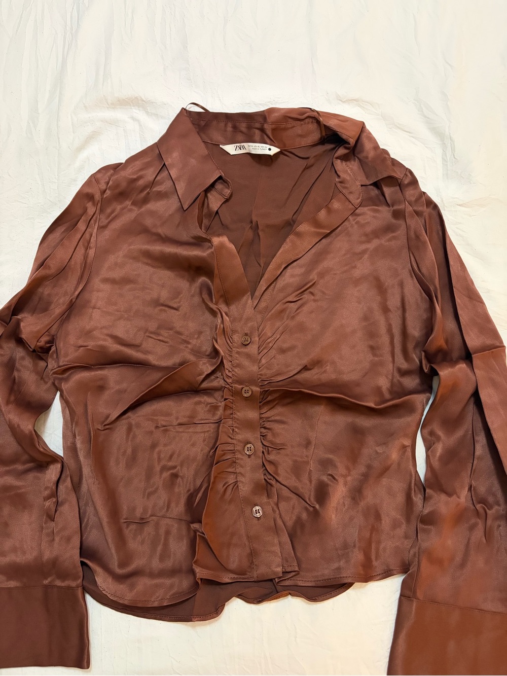 Zara Satin Ruched Button-Front Women's Top - Picture 2 of 4
